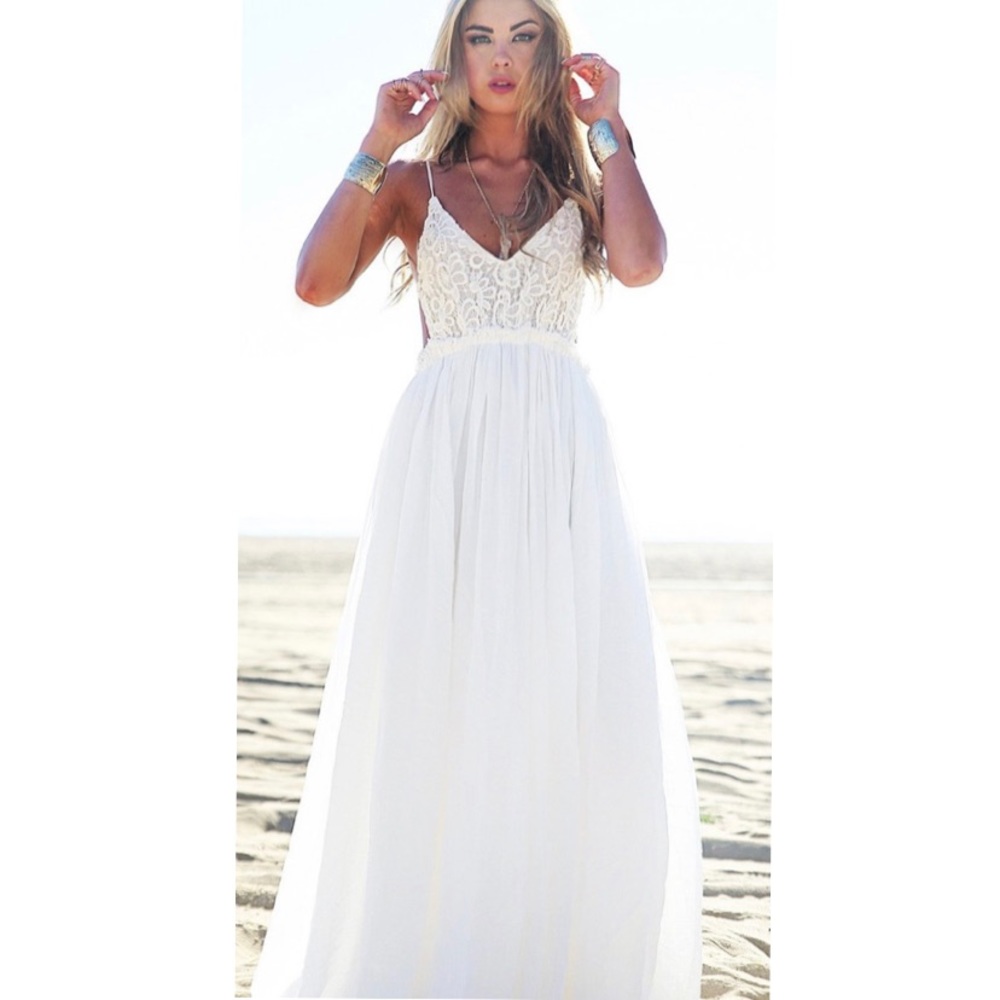 White Open Back Crochet Maxi Dress